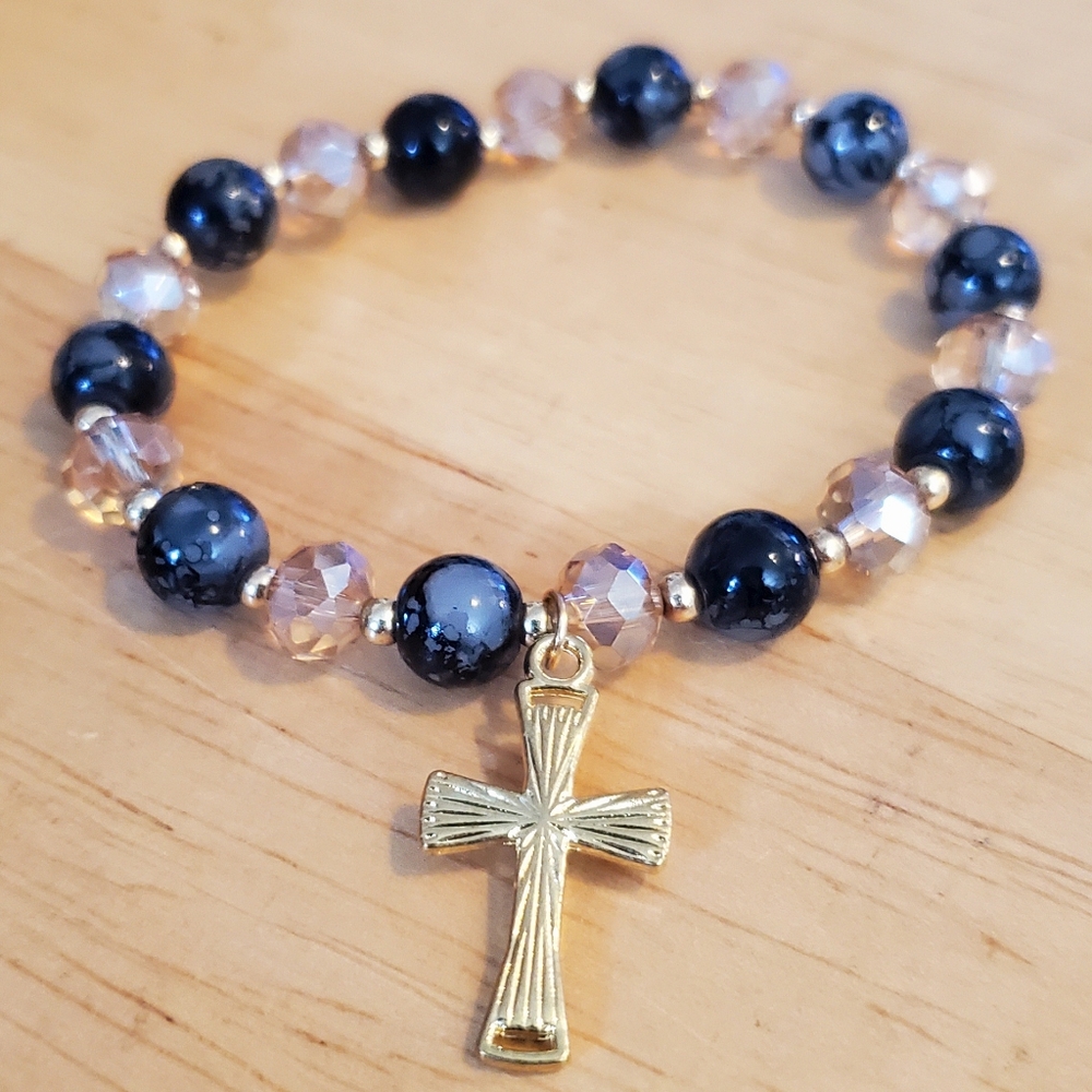 Genuune Blue Stone Beaded Bracelet with Gold Tone Cross Charm - Picture 5 of 5